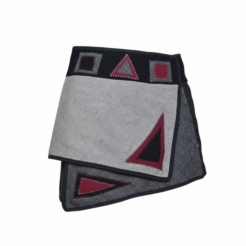 Leopards And Roses Asymmetrical Gray and Black Wool Wrap Skirt